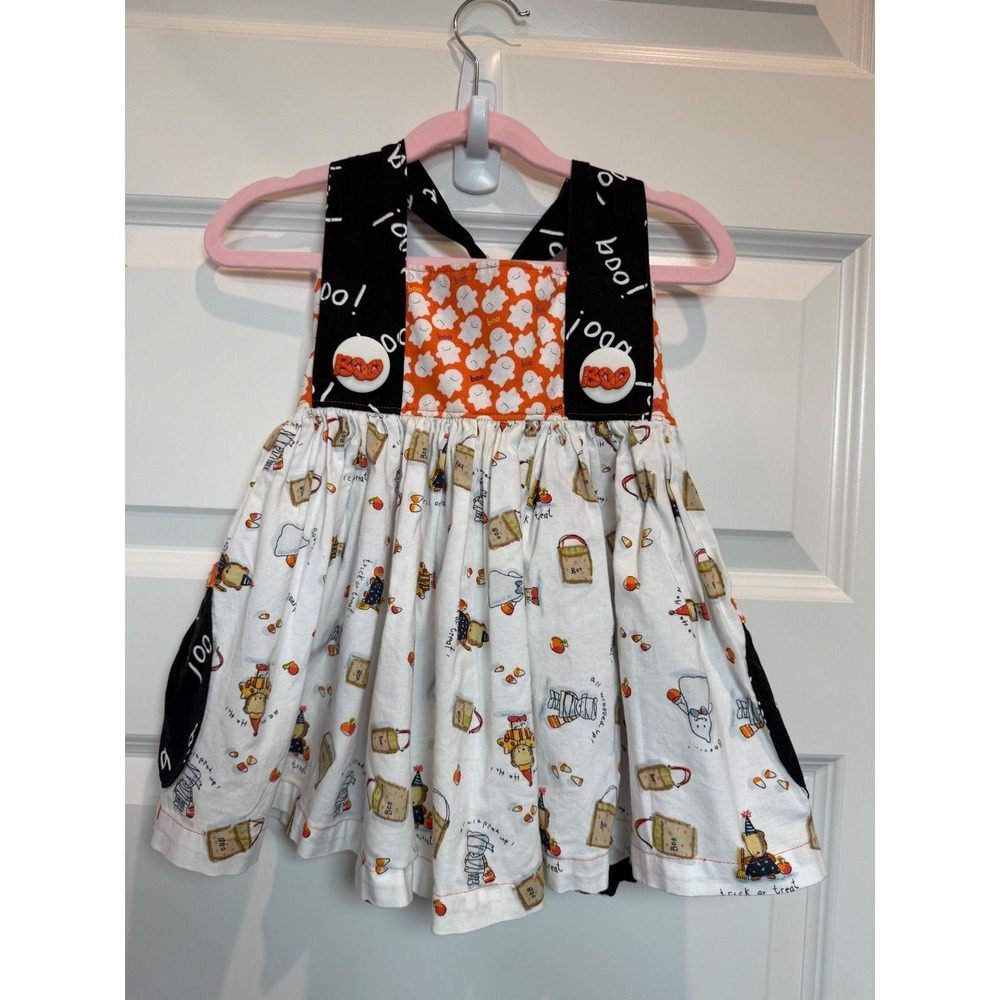 3.Breck+Girl Girls 4T Halloween Ghost Bear Pinafore Dress Handmade USA Boo